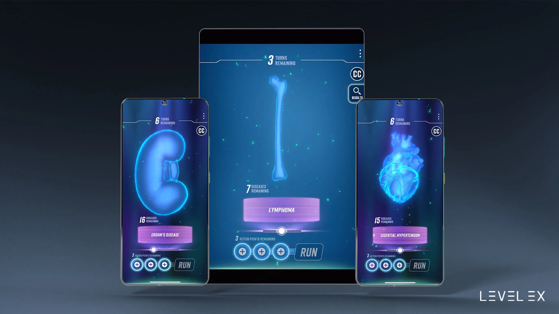 In Cardio Ex for example, players narrow down diseases through reductive reasoning. Our diagnosis game mechanic is deeply integrated into the game's outer loops, in which a player's success in playing diagnosis levels earns achievements, experience points, and in-game progress.