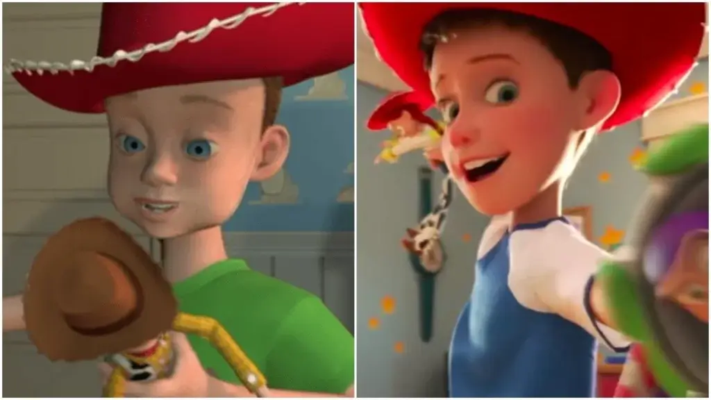âAndyâ in the original Toy Story and in Toy Story 4. Photo: Pixar Animation Studios