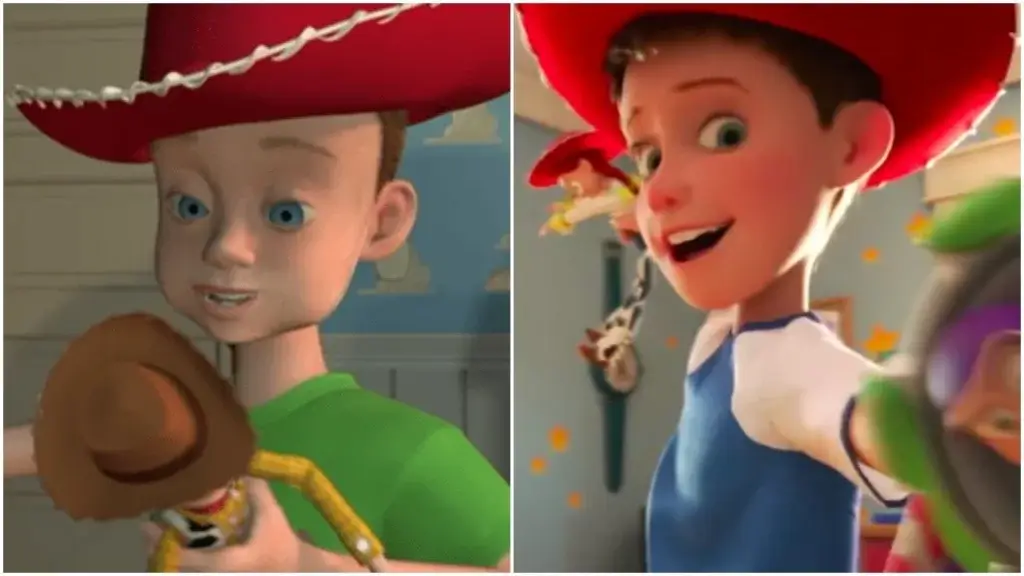 âAndyâ in the original Toy Story and in Toy Story 4. Photo: Pixar Animation Studios