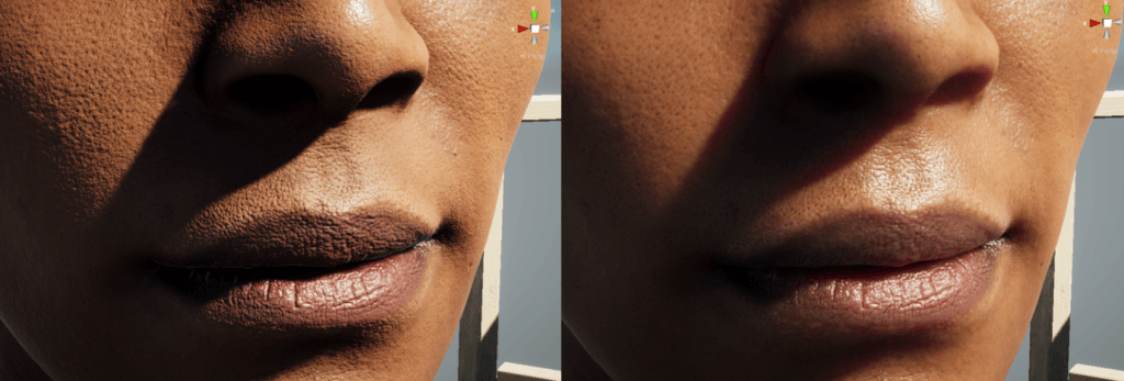 SSS Off (Left) vs On (Right) on a virtual patient with skin of color.