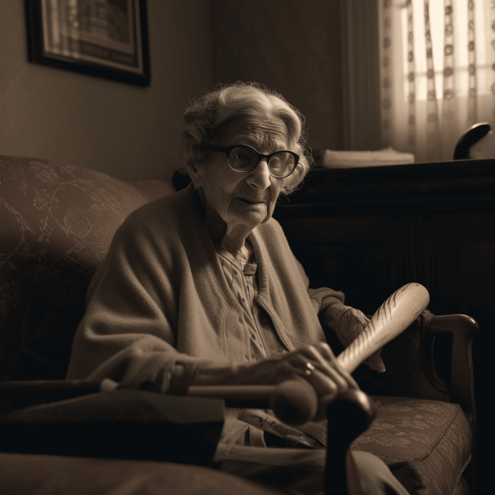 ChatGPT render of old woman with baseball bat on sofa