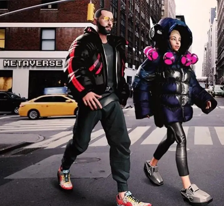 Metaverse characters walking in street