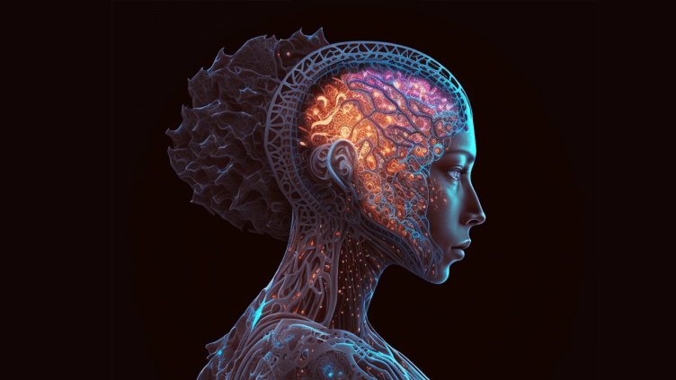 mindblowing midjourney render of feminine cyborg neural bio brain network